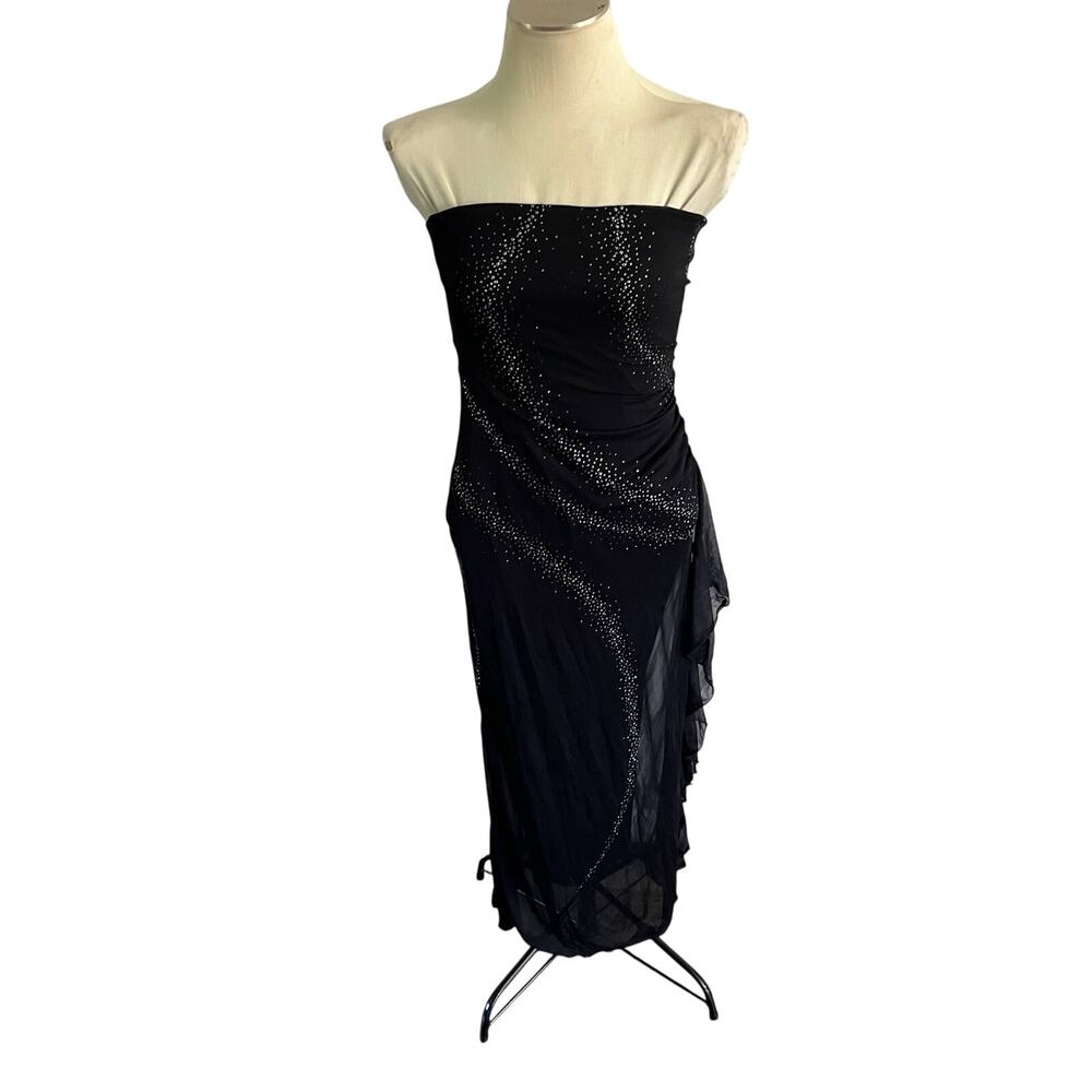 Vtg Y2K 2000s Strapless Black Ruffle Dress Sz S Whimsygoth Fairy Grunge Sparkle